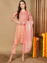 Women Pink Pure Cotton Geometric Printed Kurta Trouser With Dupatta